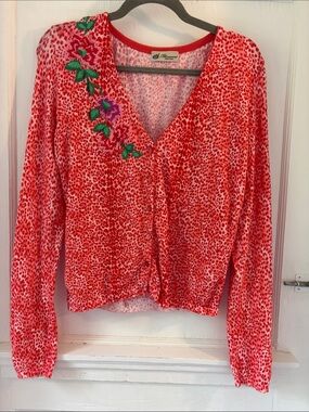 Blumarine Coral and Pink Knit Leopard and Flower Detail Sweater